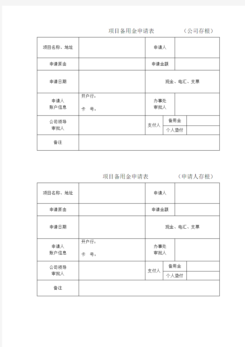 项目备用金申请表