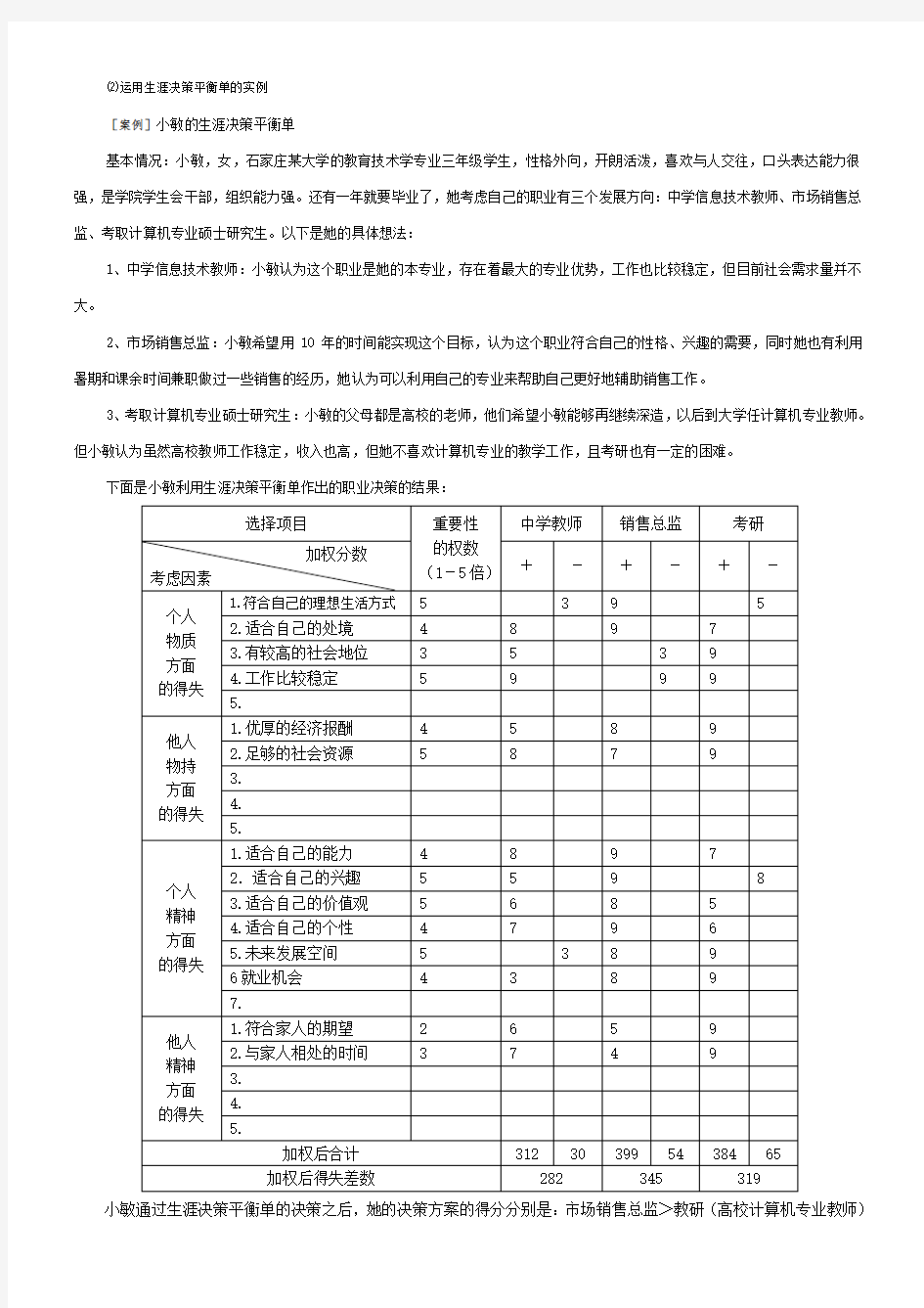 生涯决策平衡单