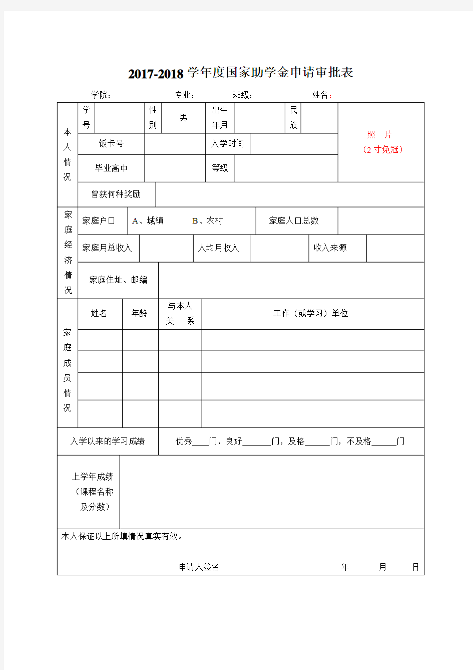 2017-2018学年度国家助学金申请审批表(1)(1)