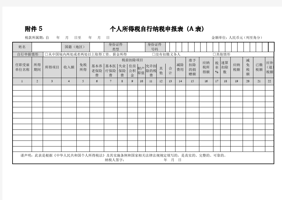 新个人所得税自行纳税申报表及填表说明