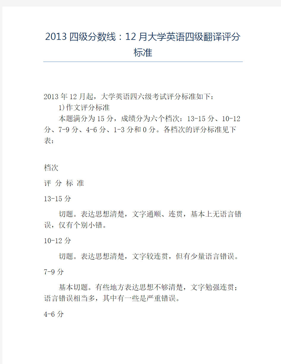 精品2013四级分数线：12月大学英语四级翻译评分标准