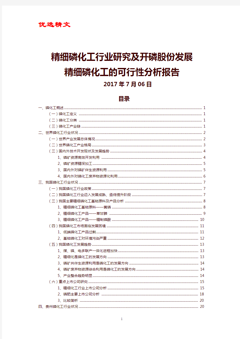 【优选精文】精细磷化工行业研究与开磷集团转型升级可行性分析报告