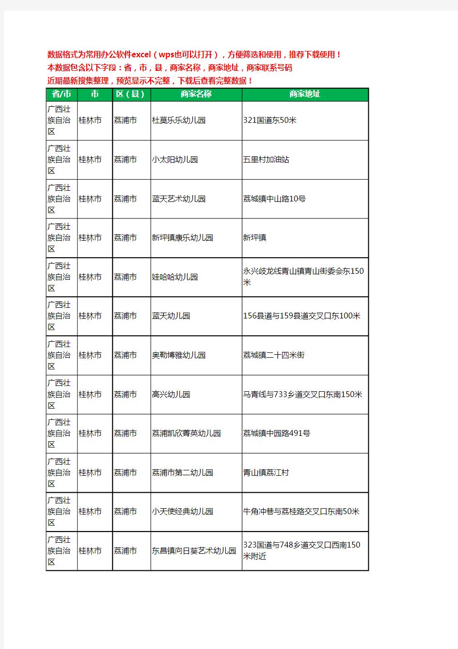 新版广西壮族自治区桂林市荔浦市幼儿园工商企业公司名录名单黄页大全87家