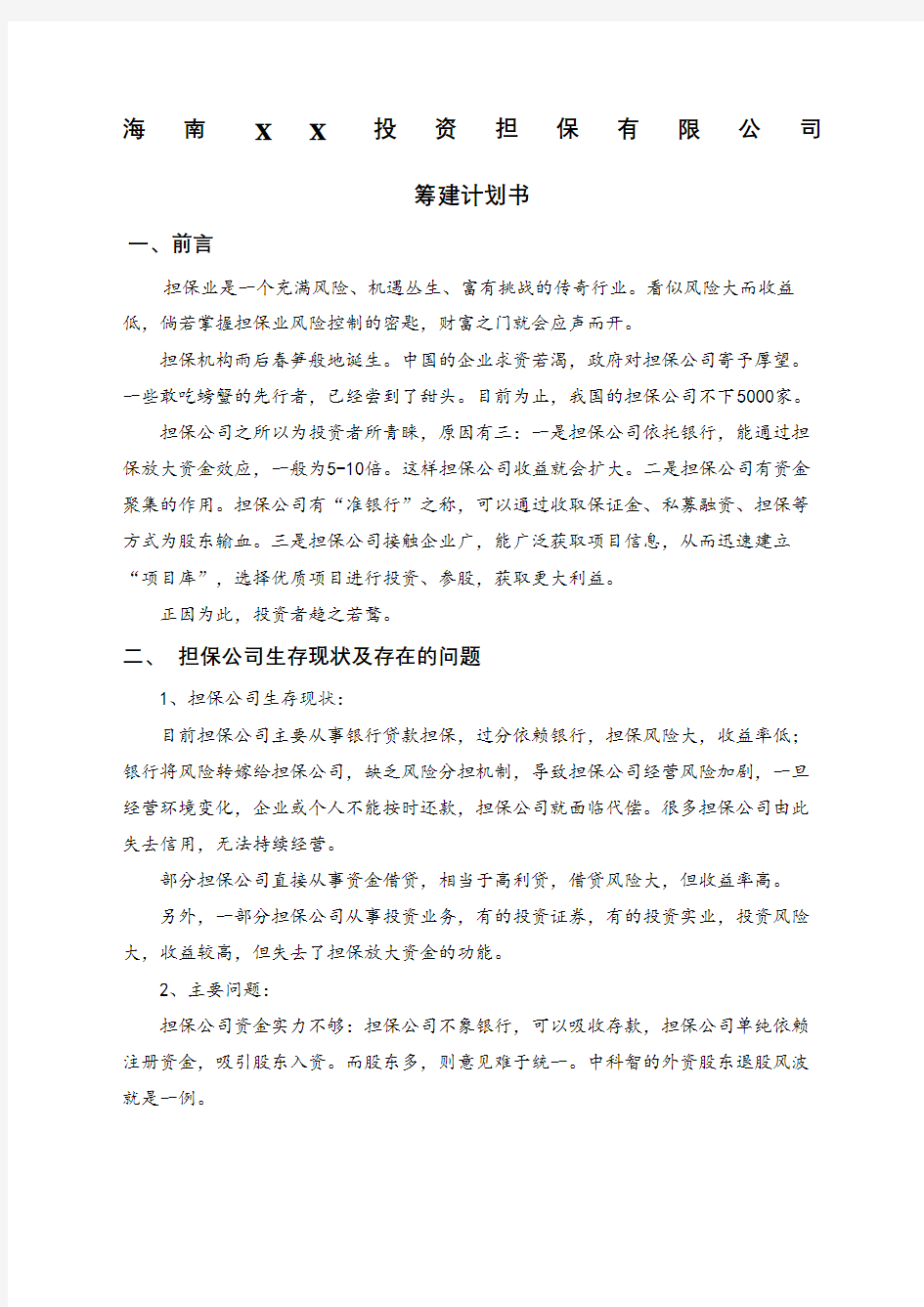 海南担保公司筹建计划书