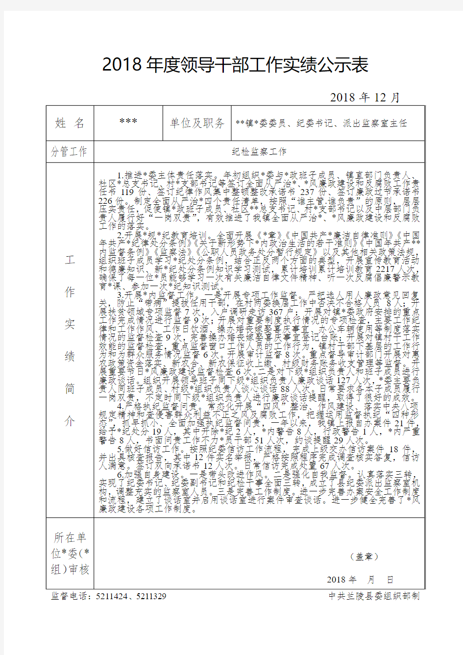 纪委书记年度考核实绩公示表