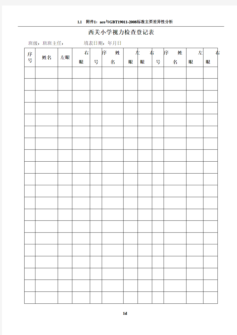 视力检查登记表