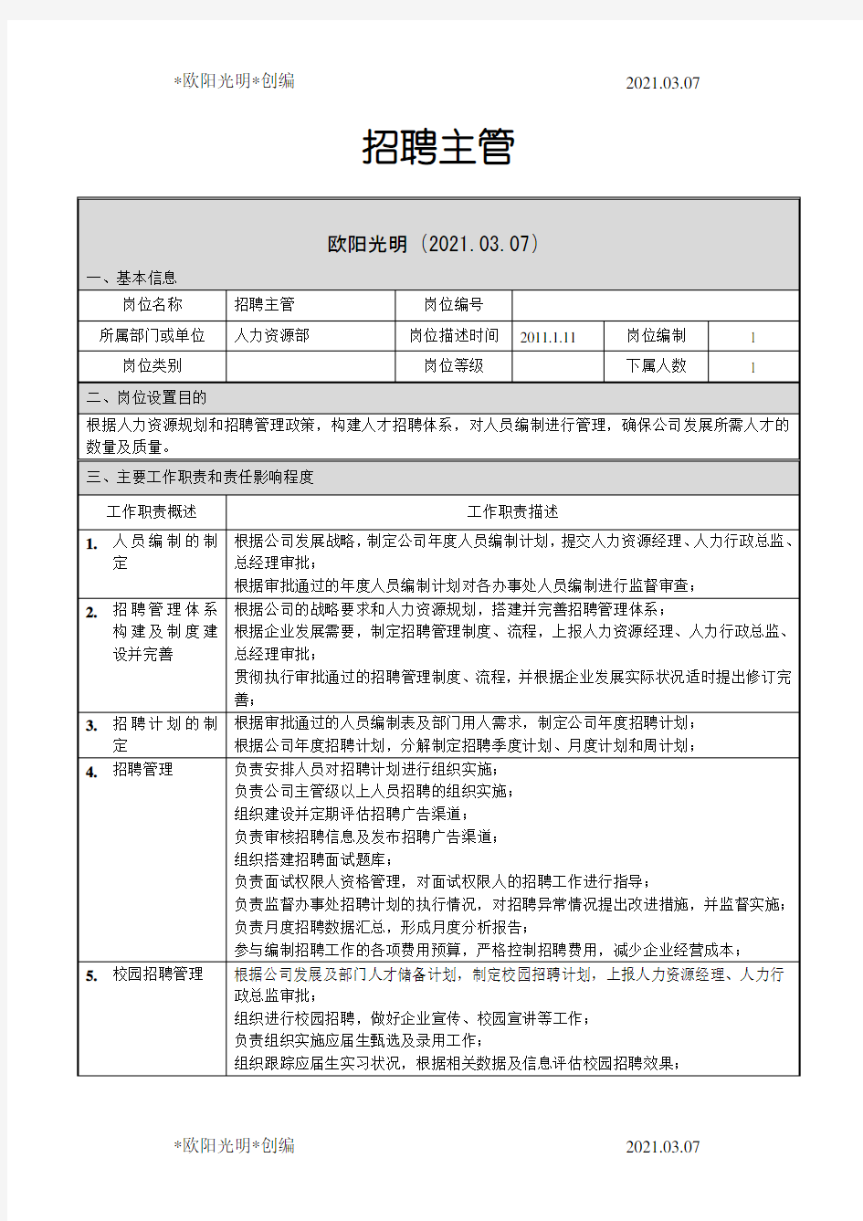 2021年招聘主管岗位说明书