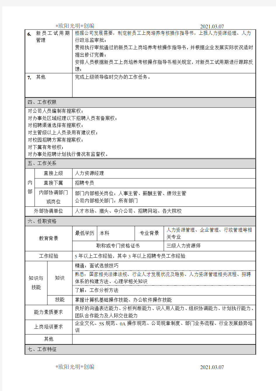 2021年招聘主管岗位说明书