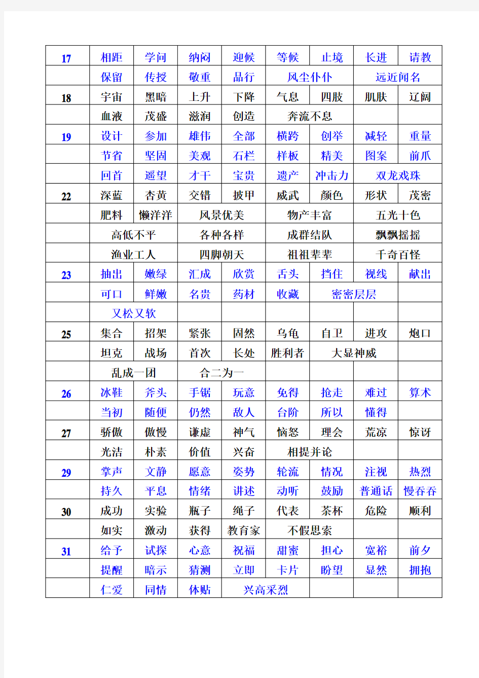 三年级上册语文词语表