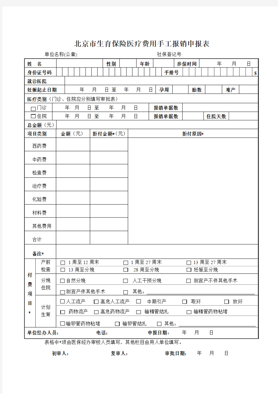 北京市生育保险医疗费用手工报销申报表