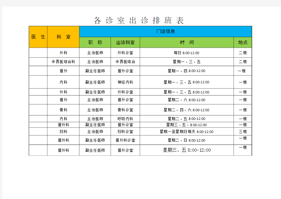 各诊室出诊排班表