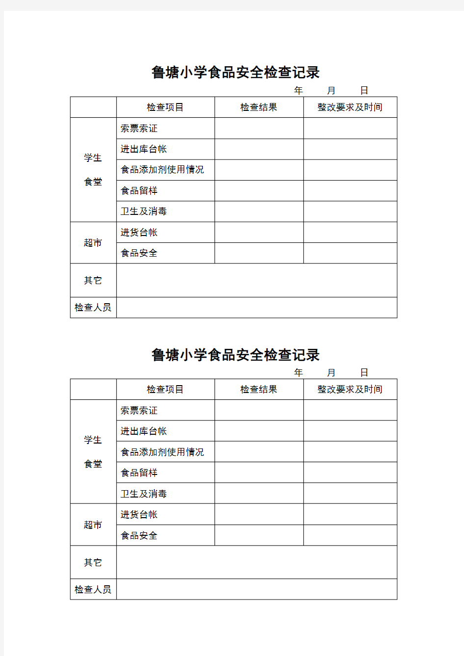 学校食堂食品安全检查记录表