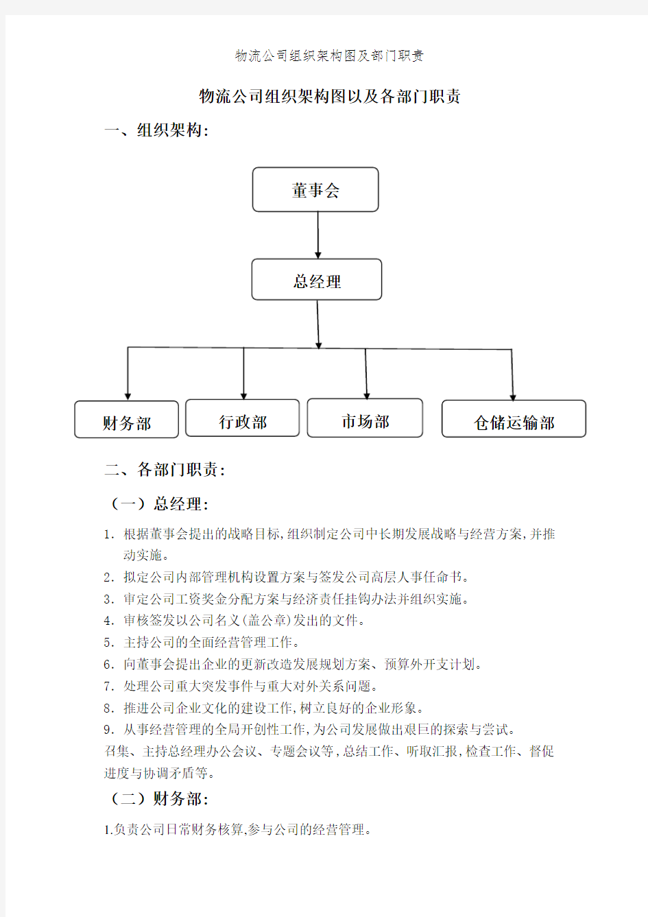 物流公司组织架构图及部门职责