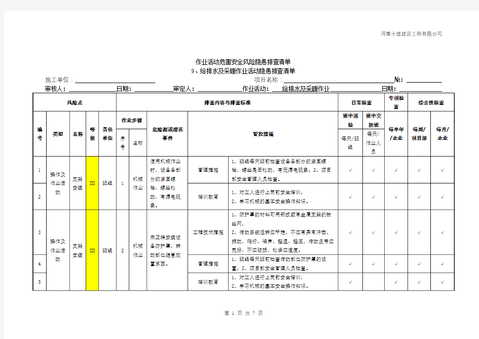 9给排水工程作业活动隐患排查清单