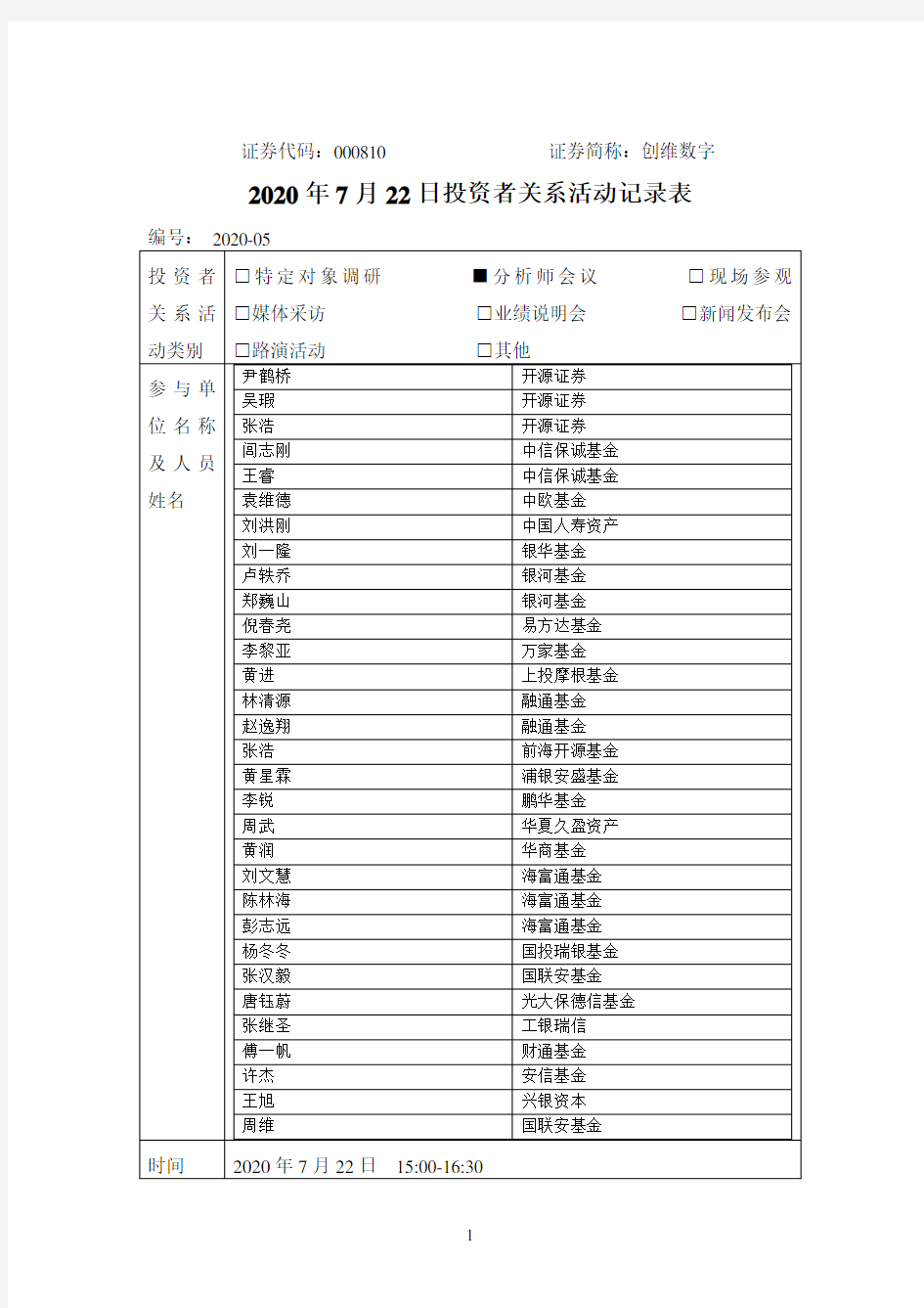 创维数字：2020年7月22日投资者关系活动记录表