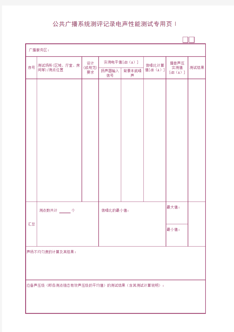 公共广播系统测评记录电声性能测试专用页Ⅰ