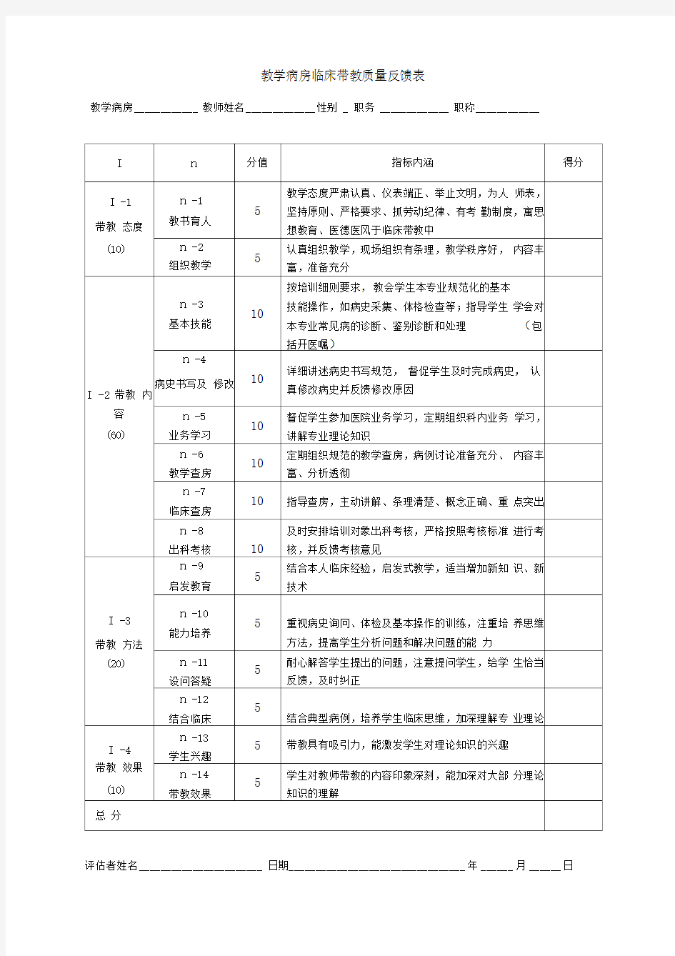 教师临床见习带教教学质量评价表