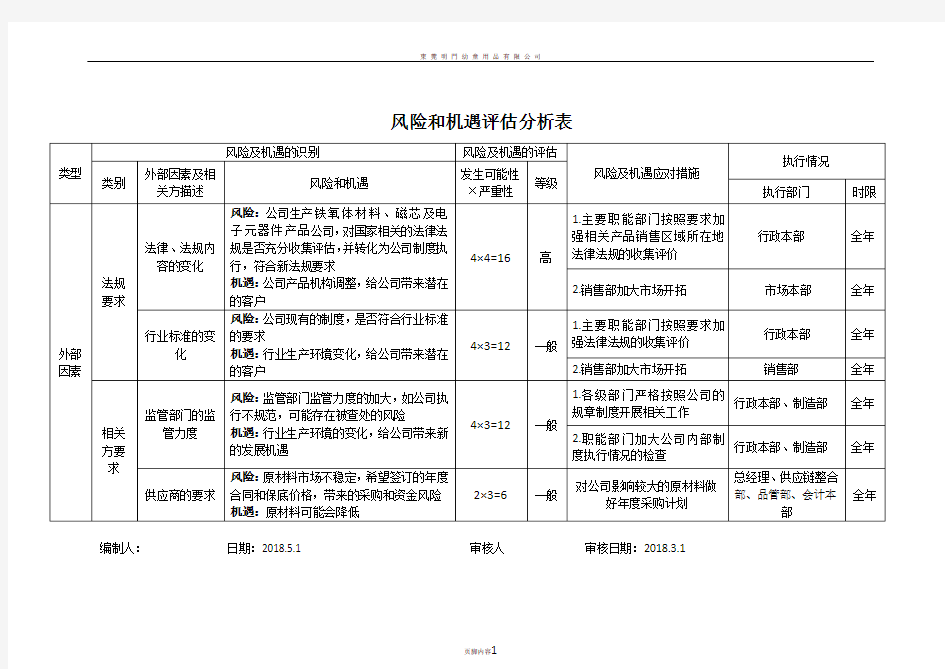 风险和机遇评估分析表范例