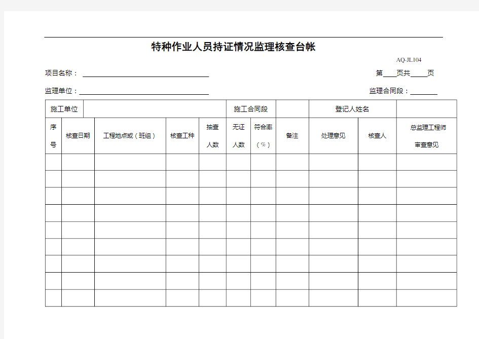 最新特种作业人员持证情况监理核查台帐