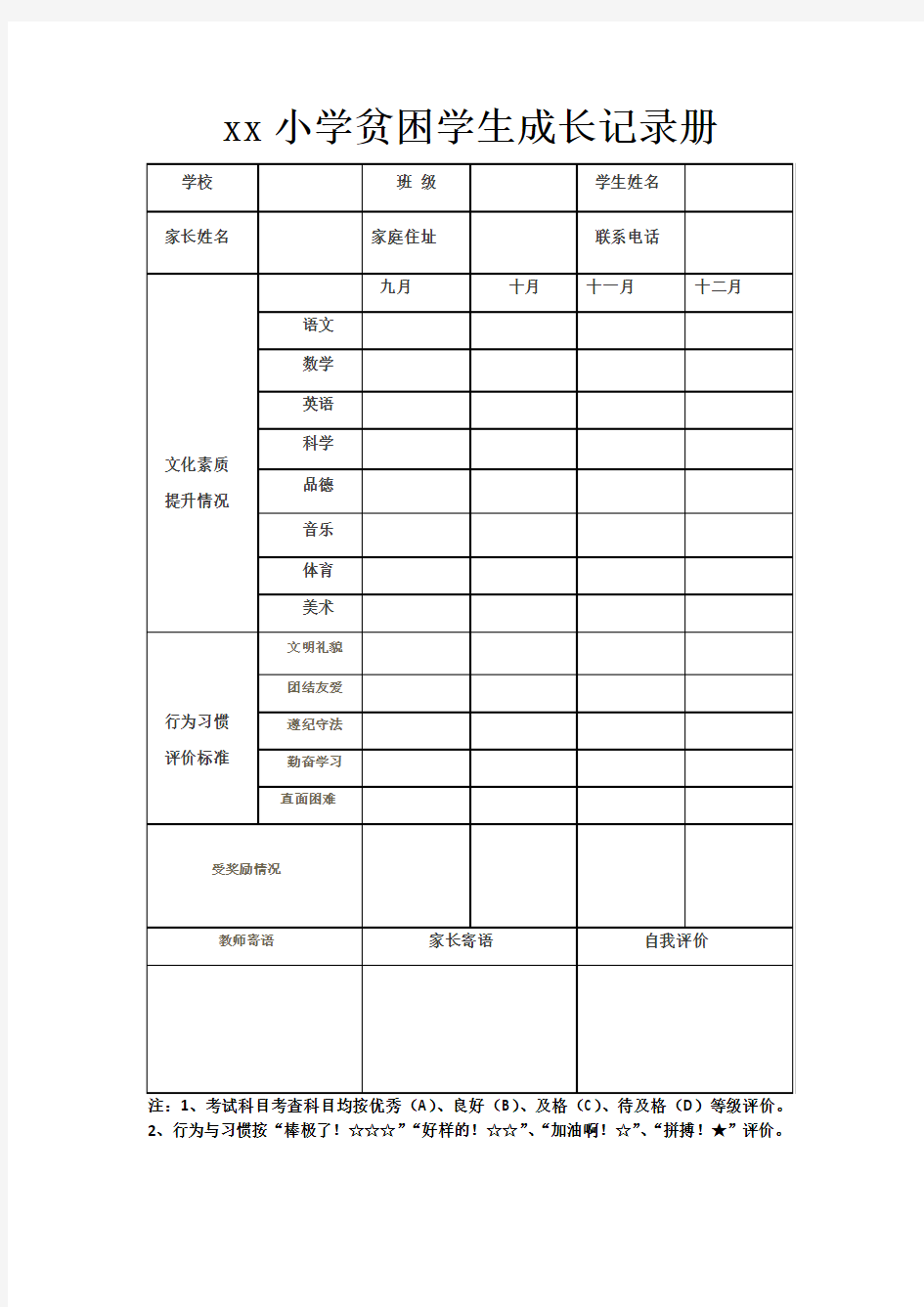 xx小学贫困学生成长记录册