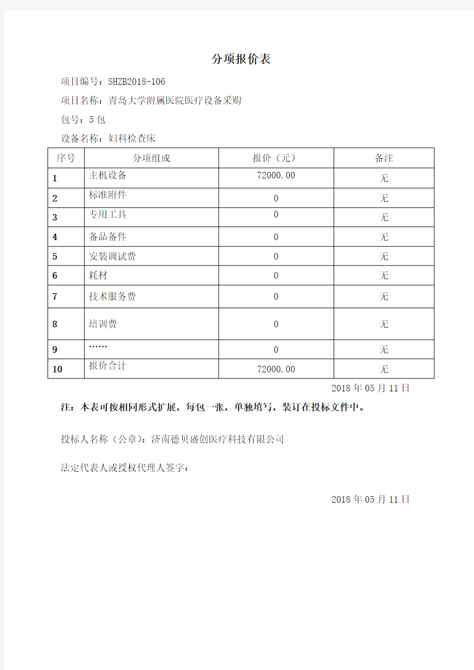 主要设备及配件报价明细表