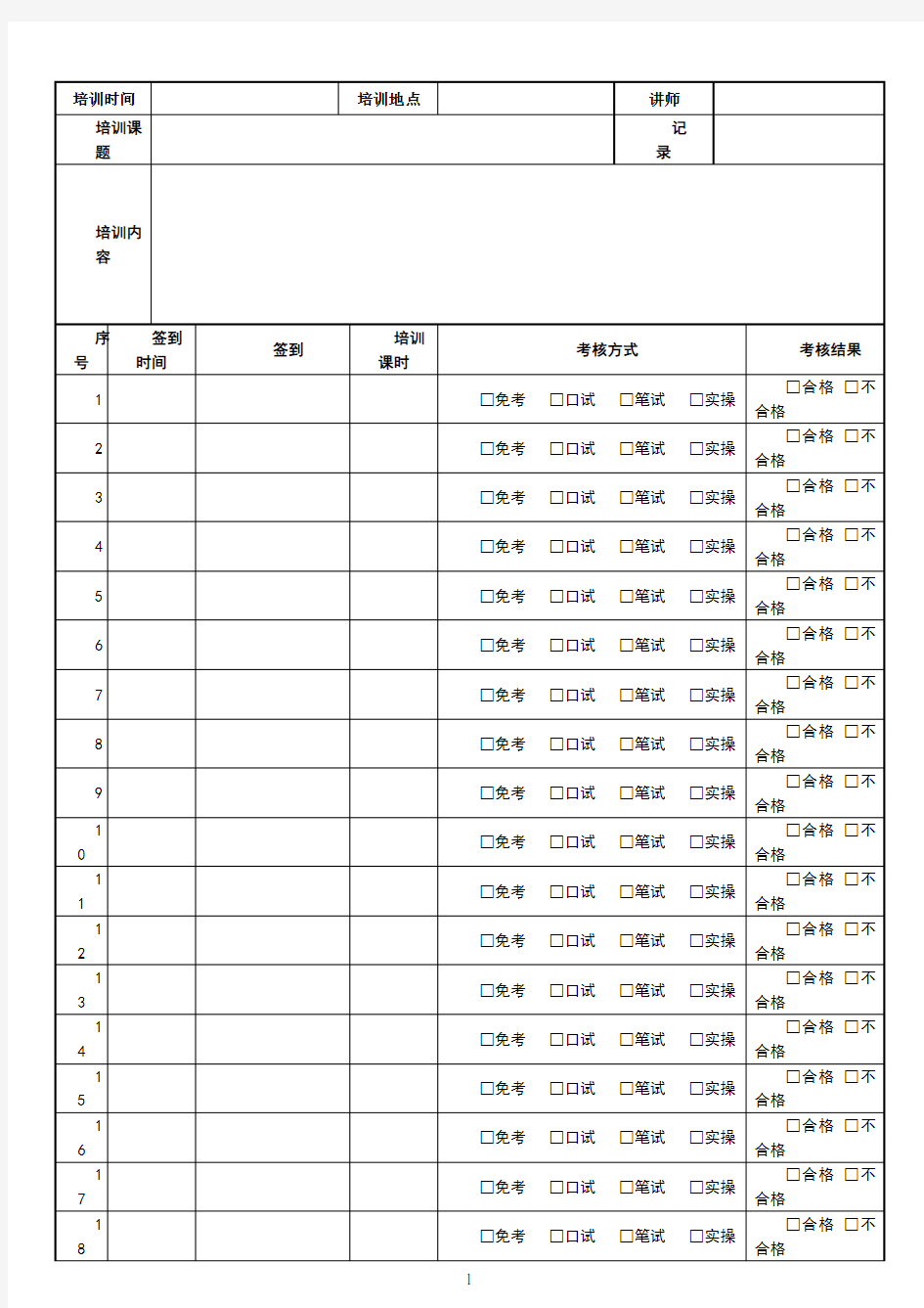 培训签到与考核记录表