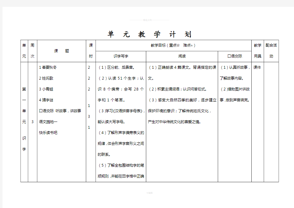 一下单元教学计划