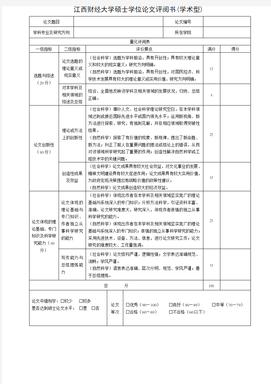 硕士学位论文评阅书新版