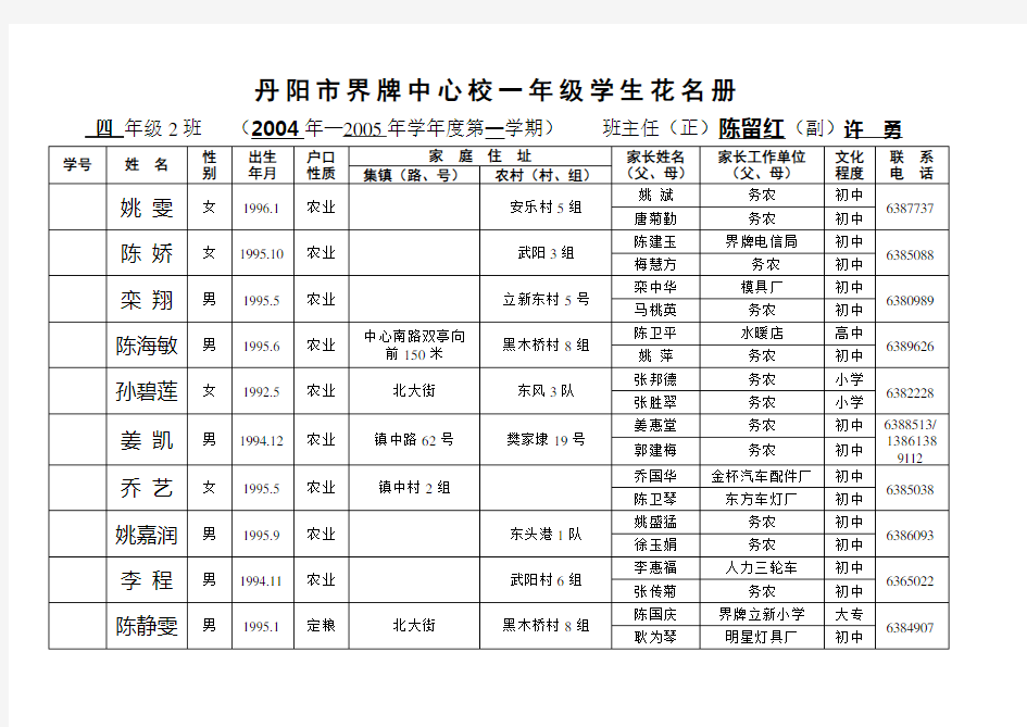 丹阳市界牌中心校一年级学生花名册.