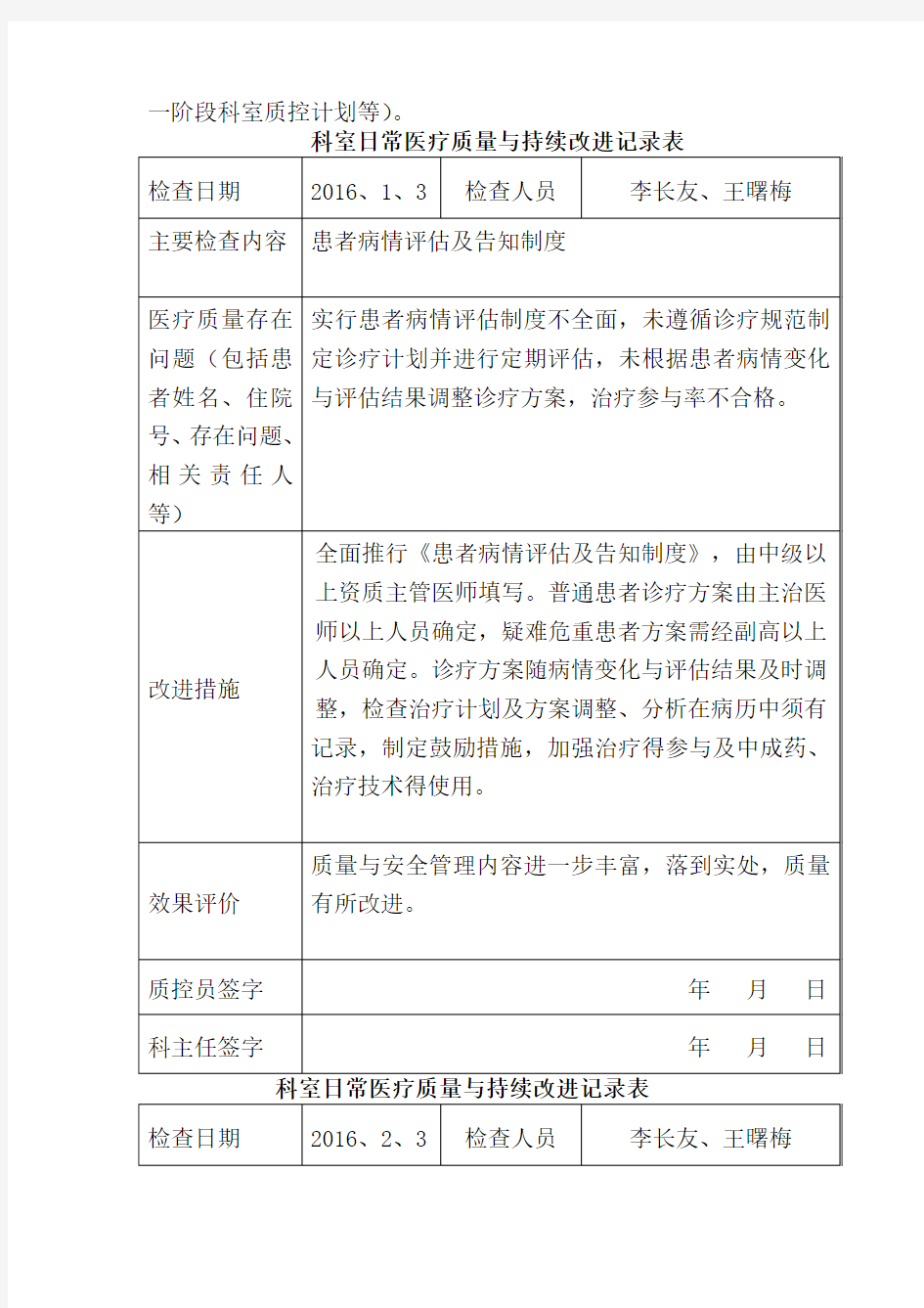 医务科医疗质量管理与持续改进记录考核内容