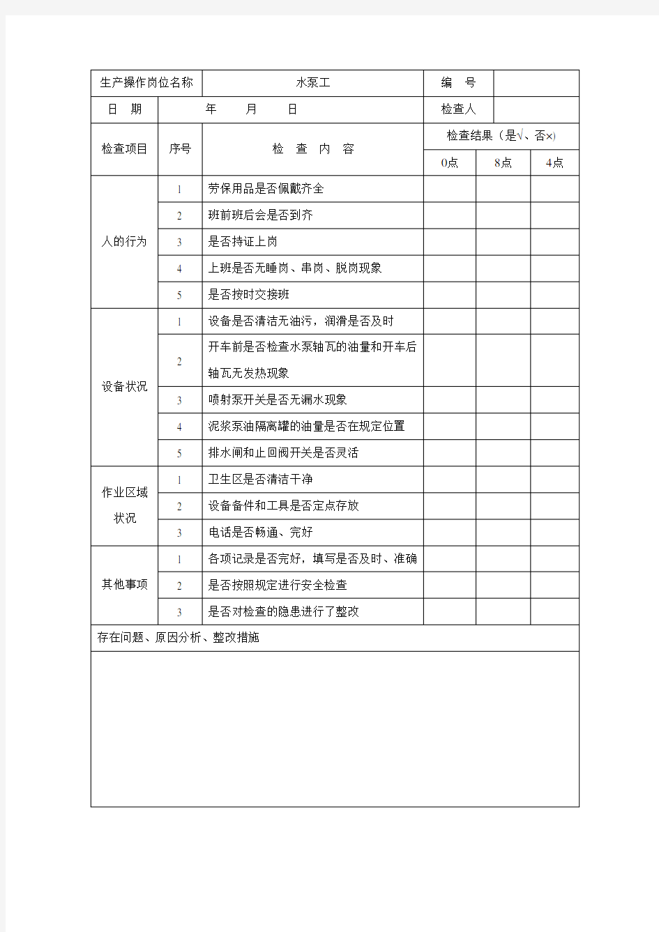 水泵工安全检查表