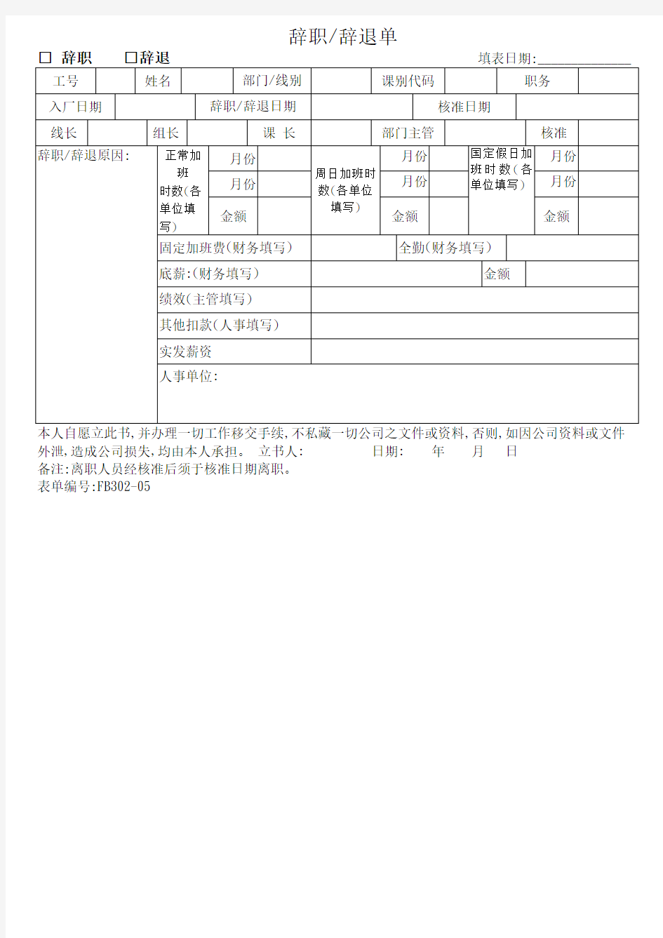 辞职申请书样板