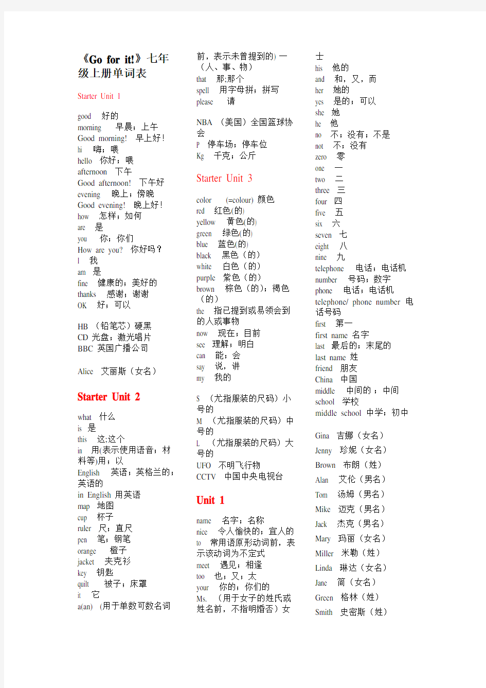 《英语(Go_for_it!)》七年级上册单词表(英译汉)