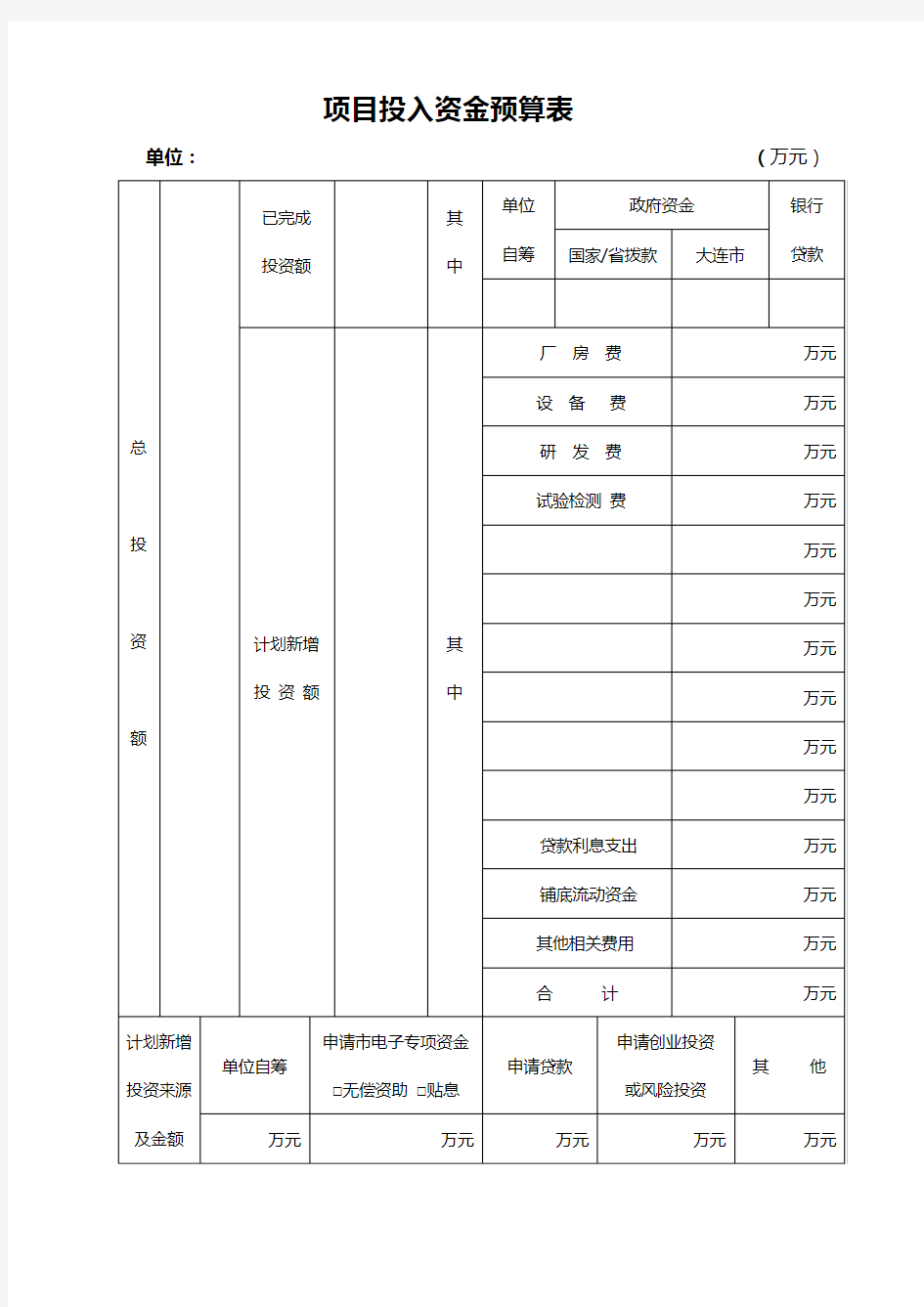 项目投入资金预算表