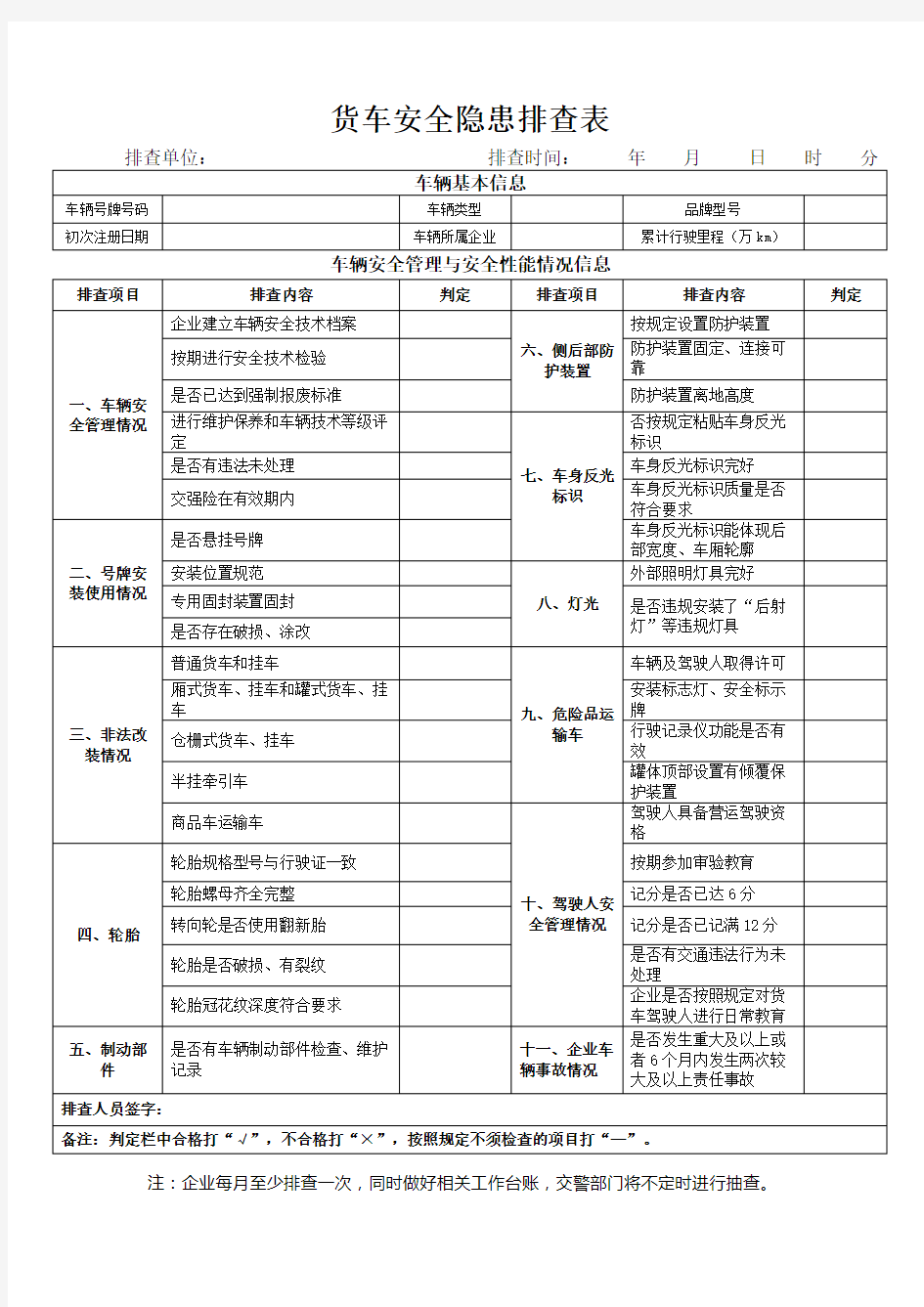 货车安全隐患排查表