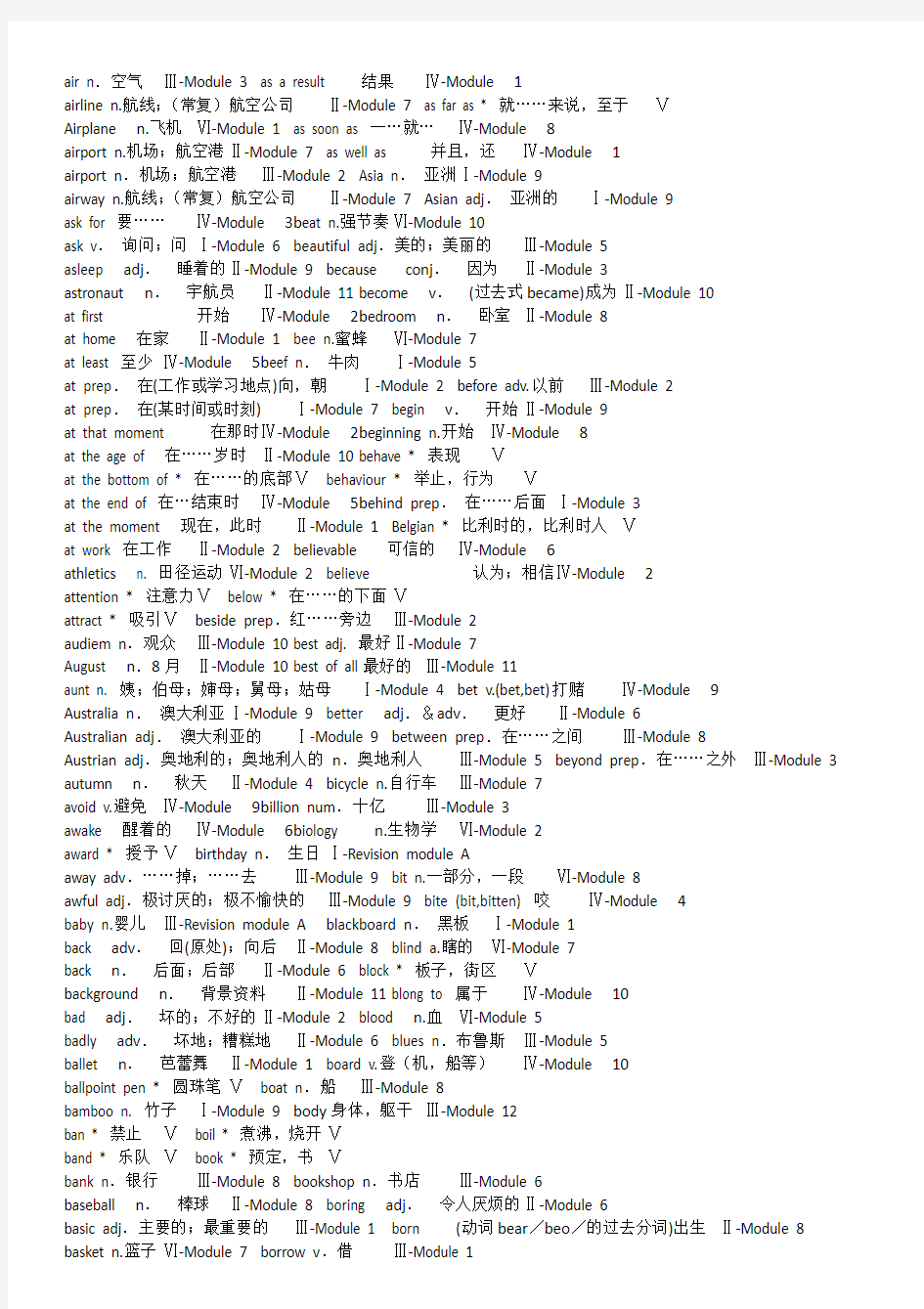 初中词汇表大全(外研版)按字母顺序