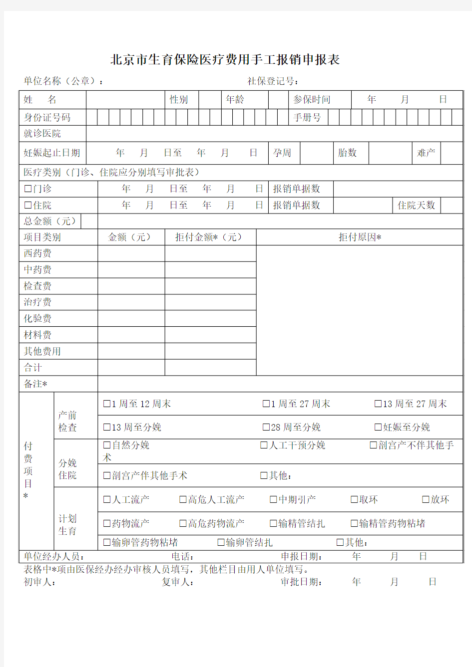 北京市生育保险医疗费用手工报销申报表