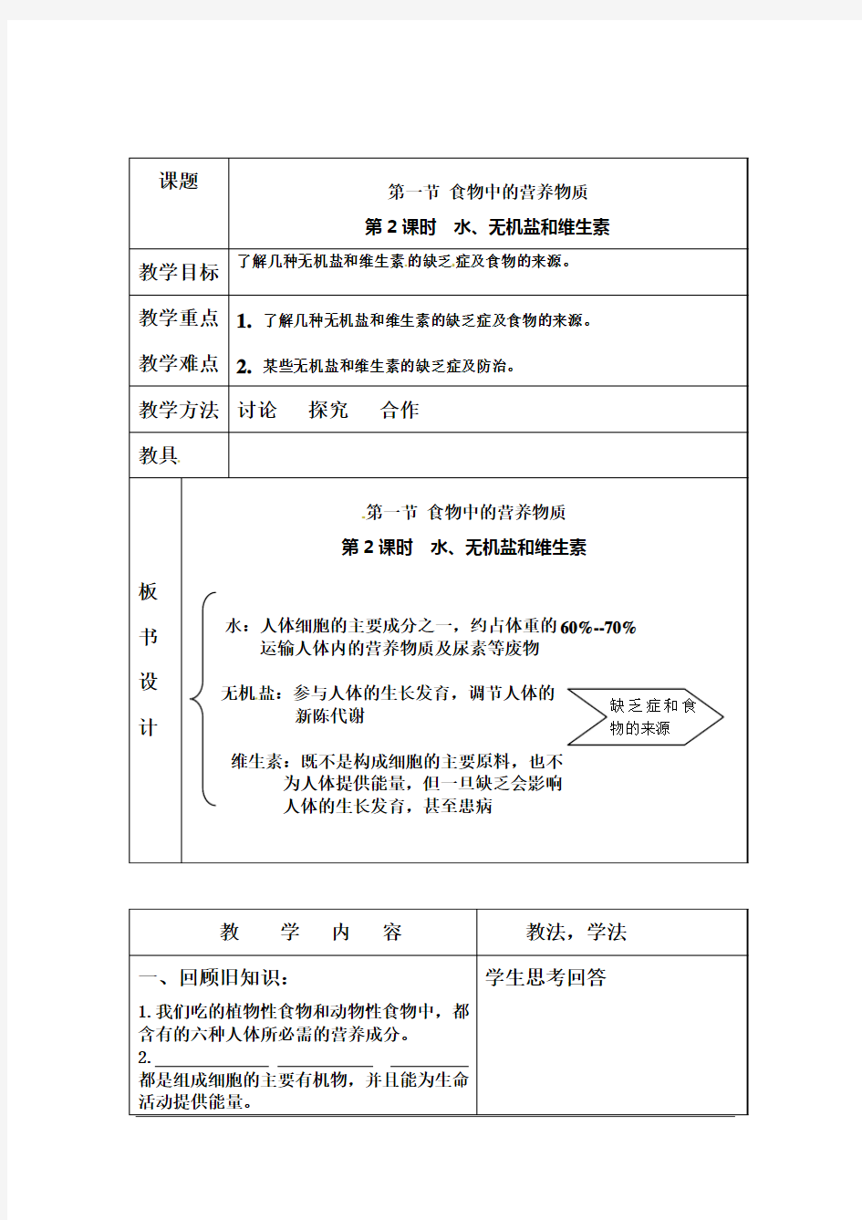 第一节 食物中的营养物质教案   第2课时