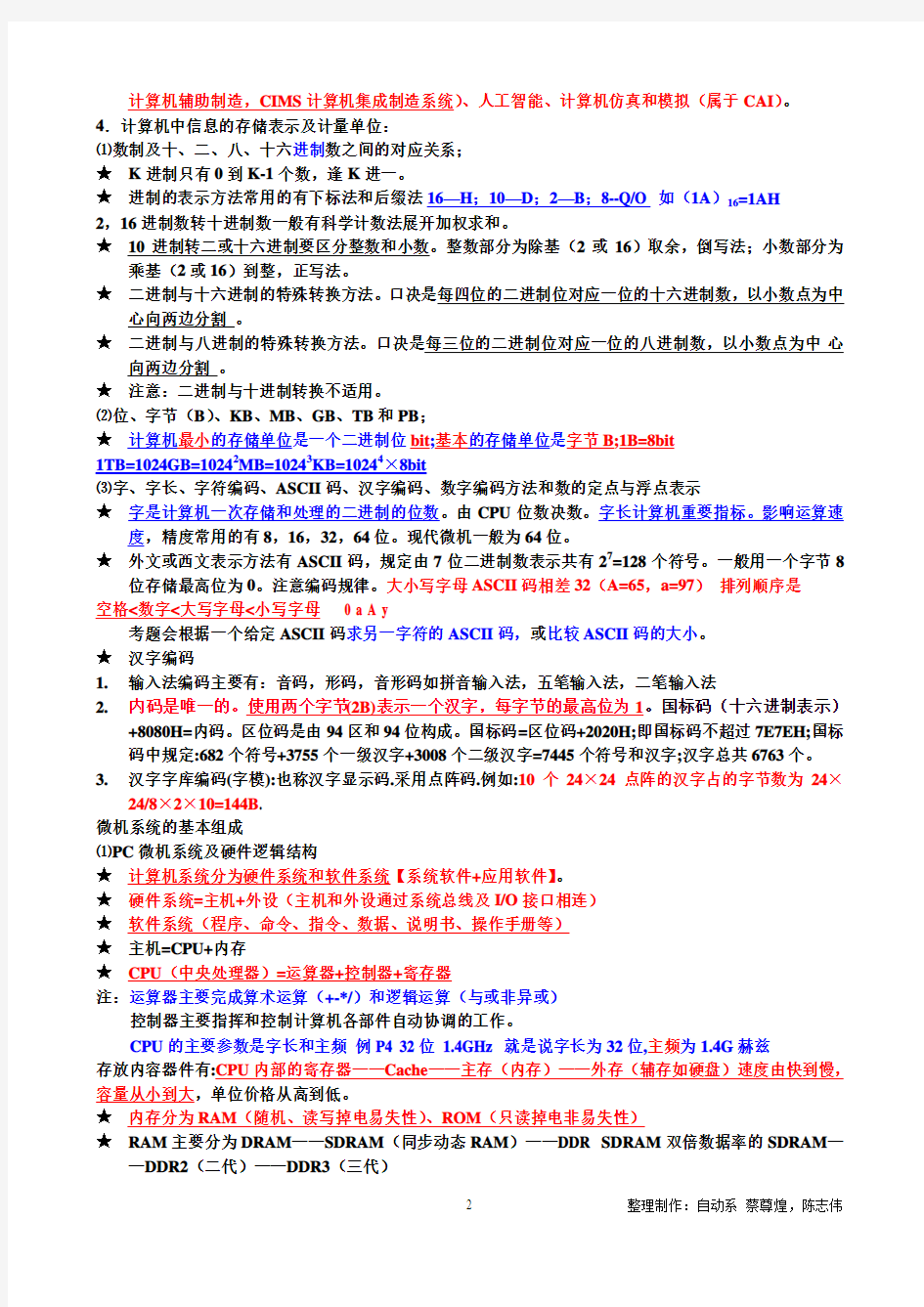 2014年福建省计算机一级复习专用(笔记部分)
