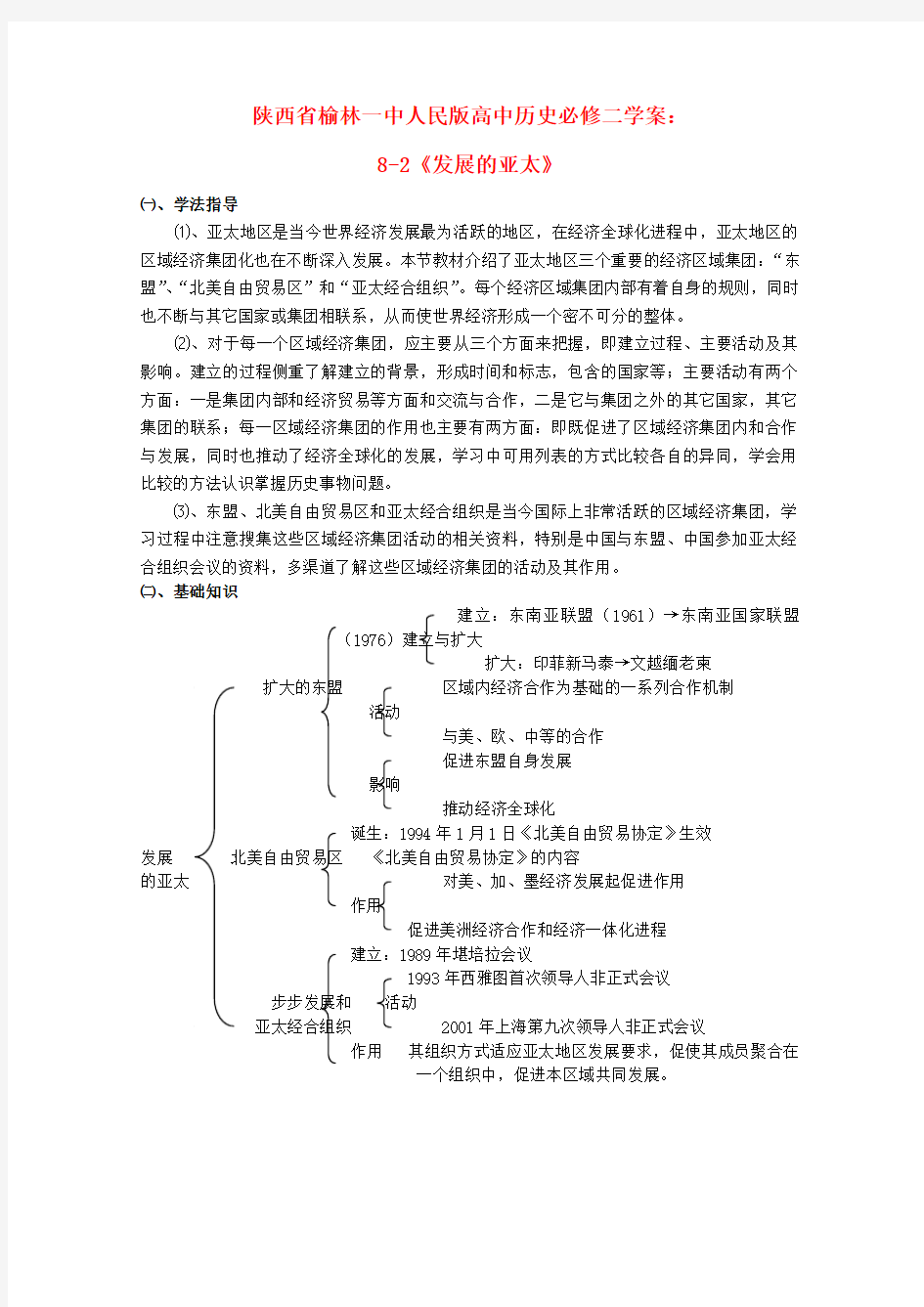 陕西省榆林一中高中历史学案： 8-2《发展的亚太》(人民版必修2)