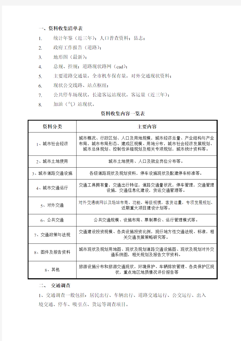 道路交通规划资料收集清单表