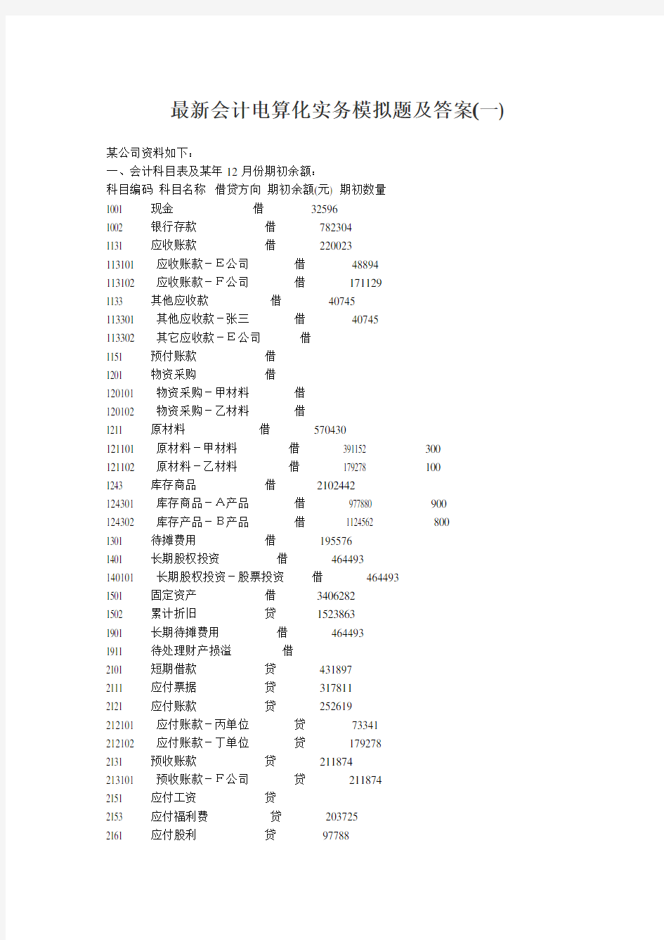 最新会计电算化实务模拟题及答案