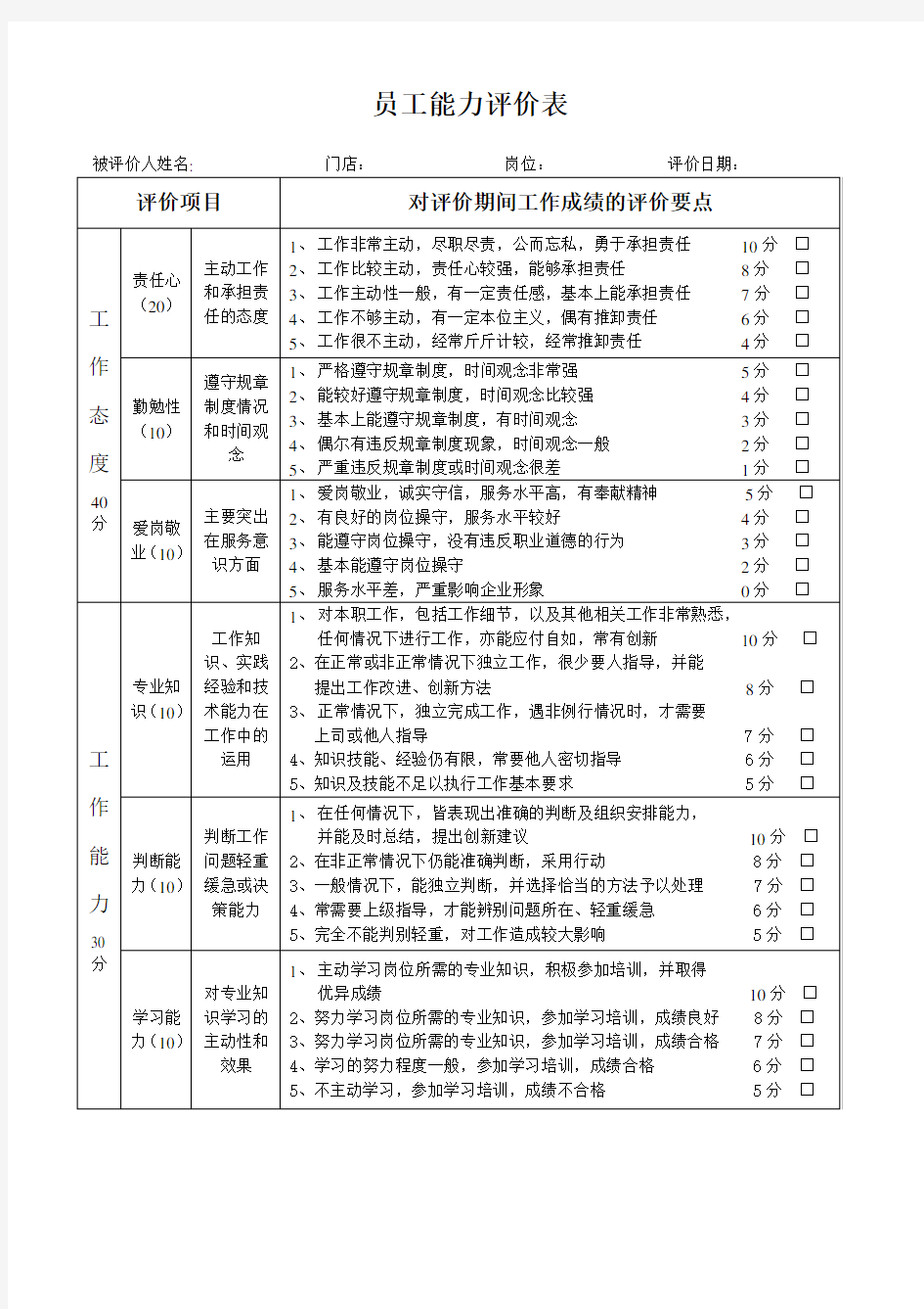 员工能力评价表