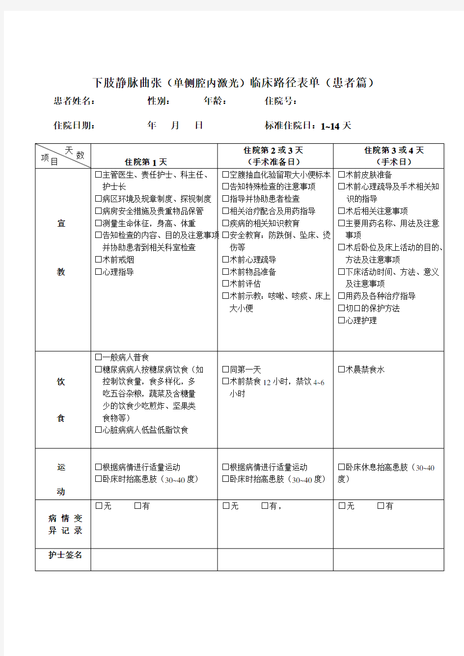 普外科单病种护理临床路径表单护理篇患者篇