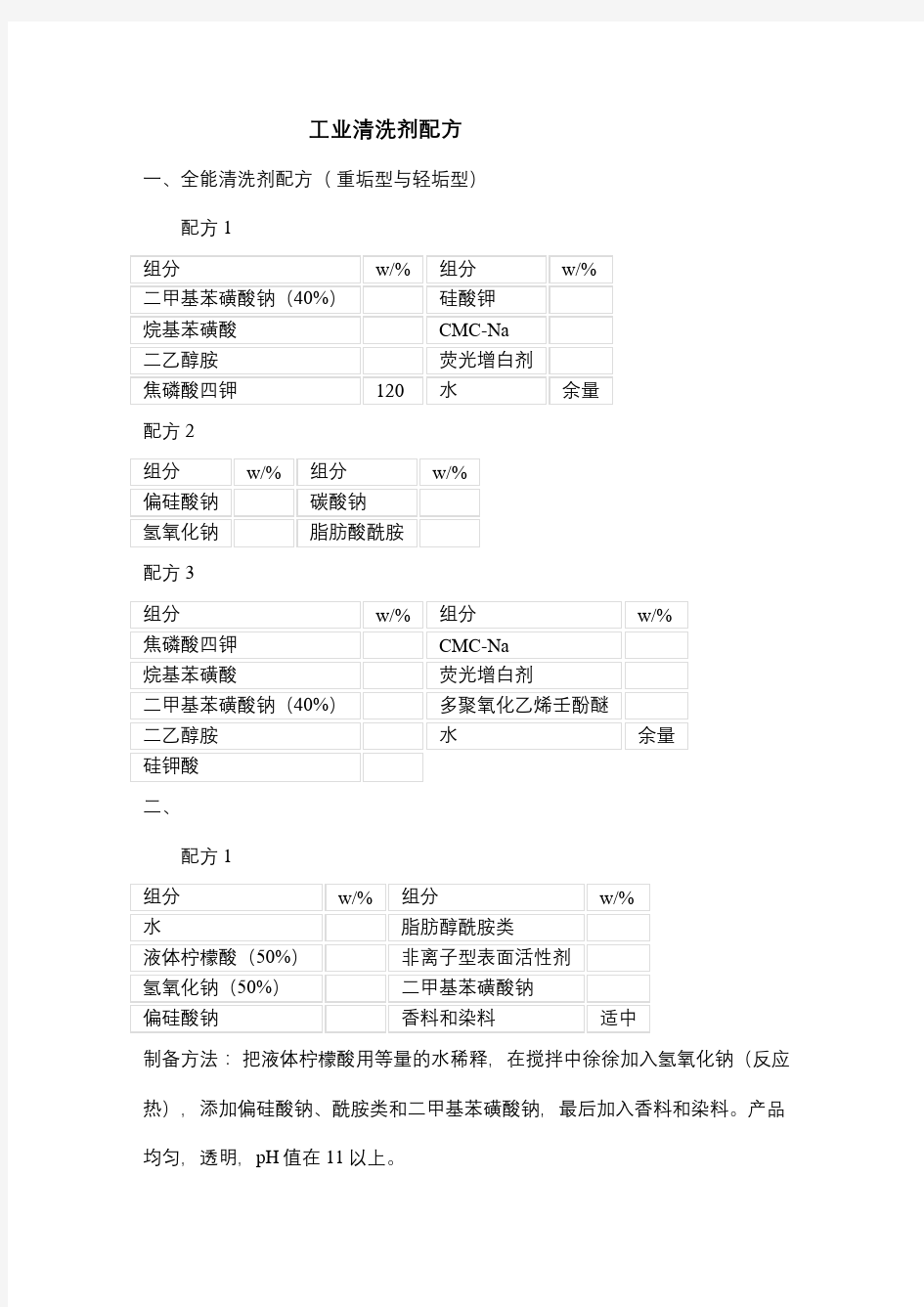 工业清洗剂配方