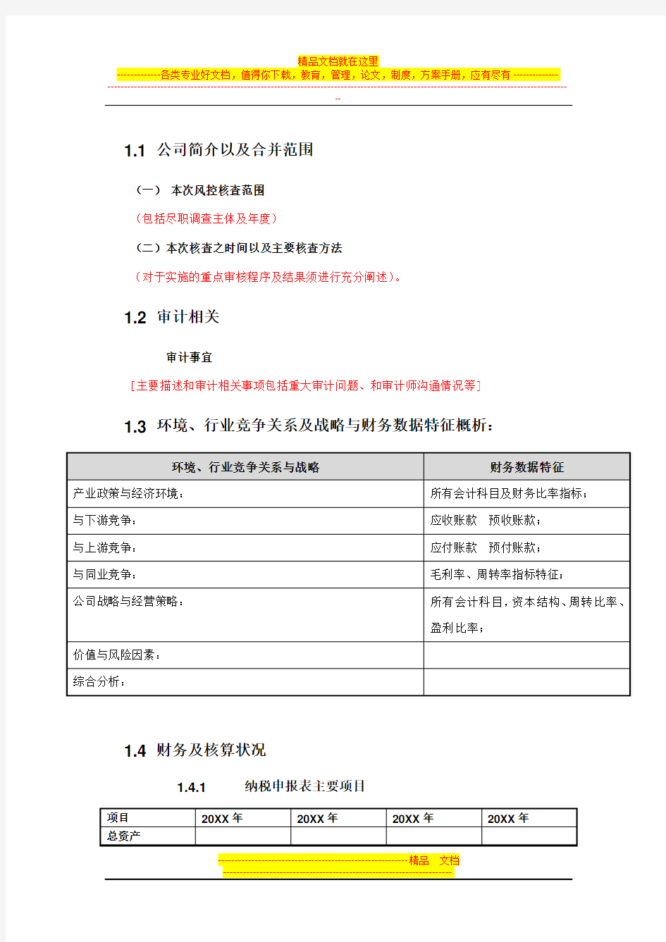 尽职调查风控报告模板