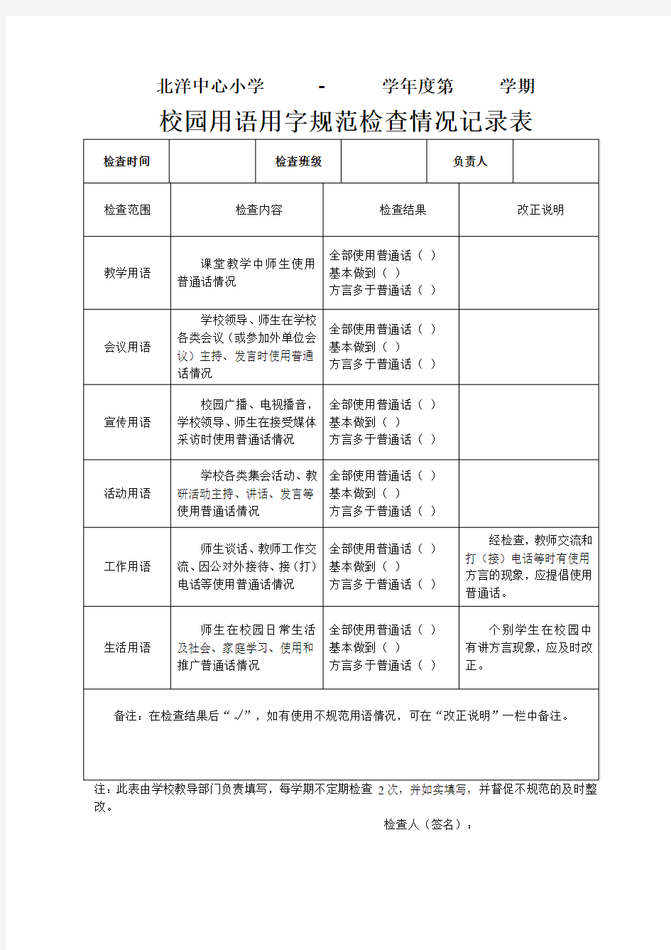 校园用语用字规范检查记录表