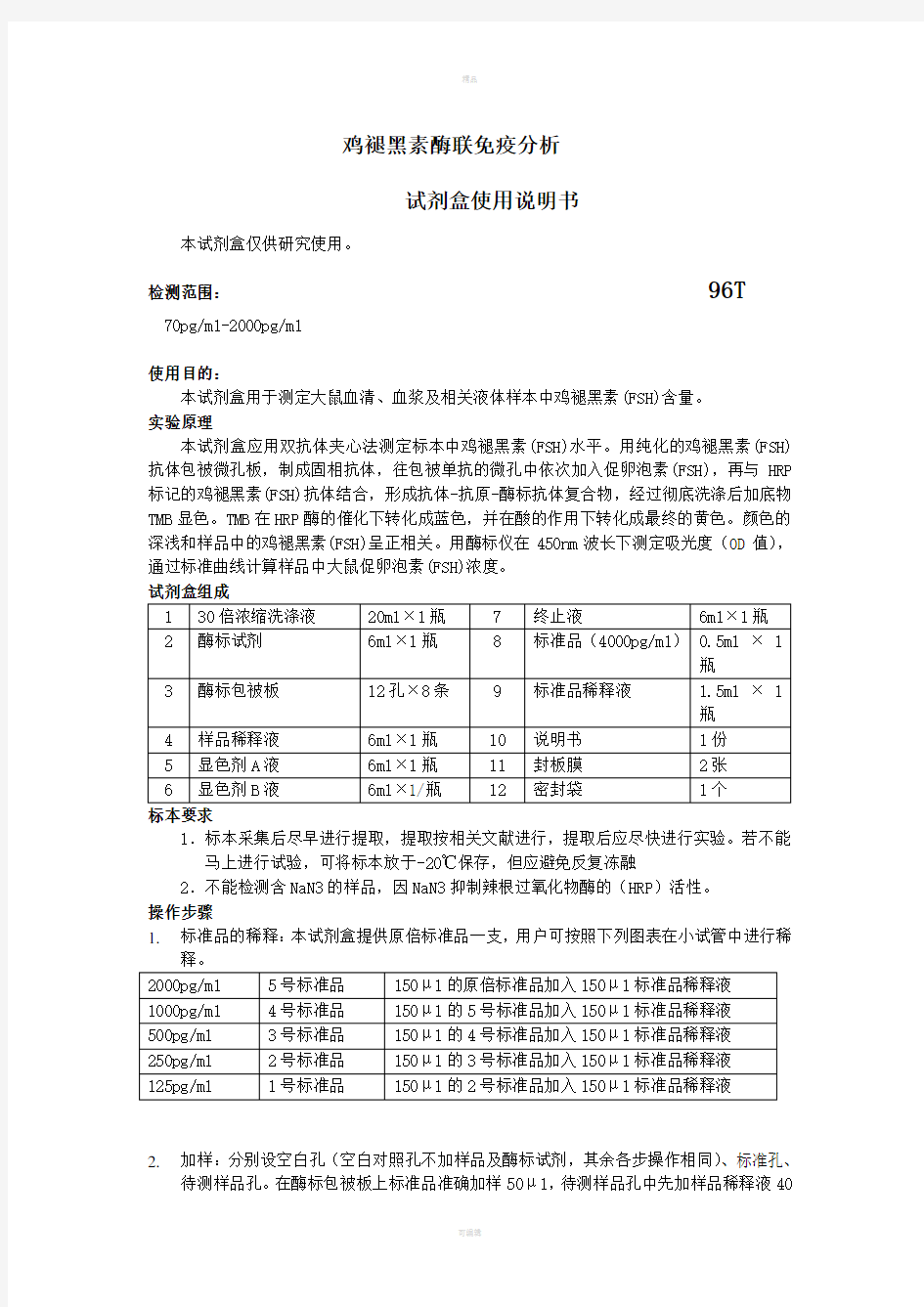 鸡褪黑素(FSH)Elisa试剂盒说明书