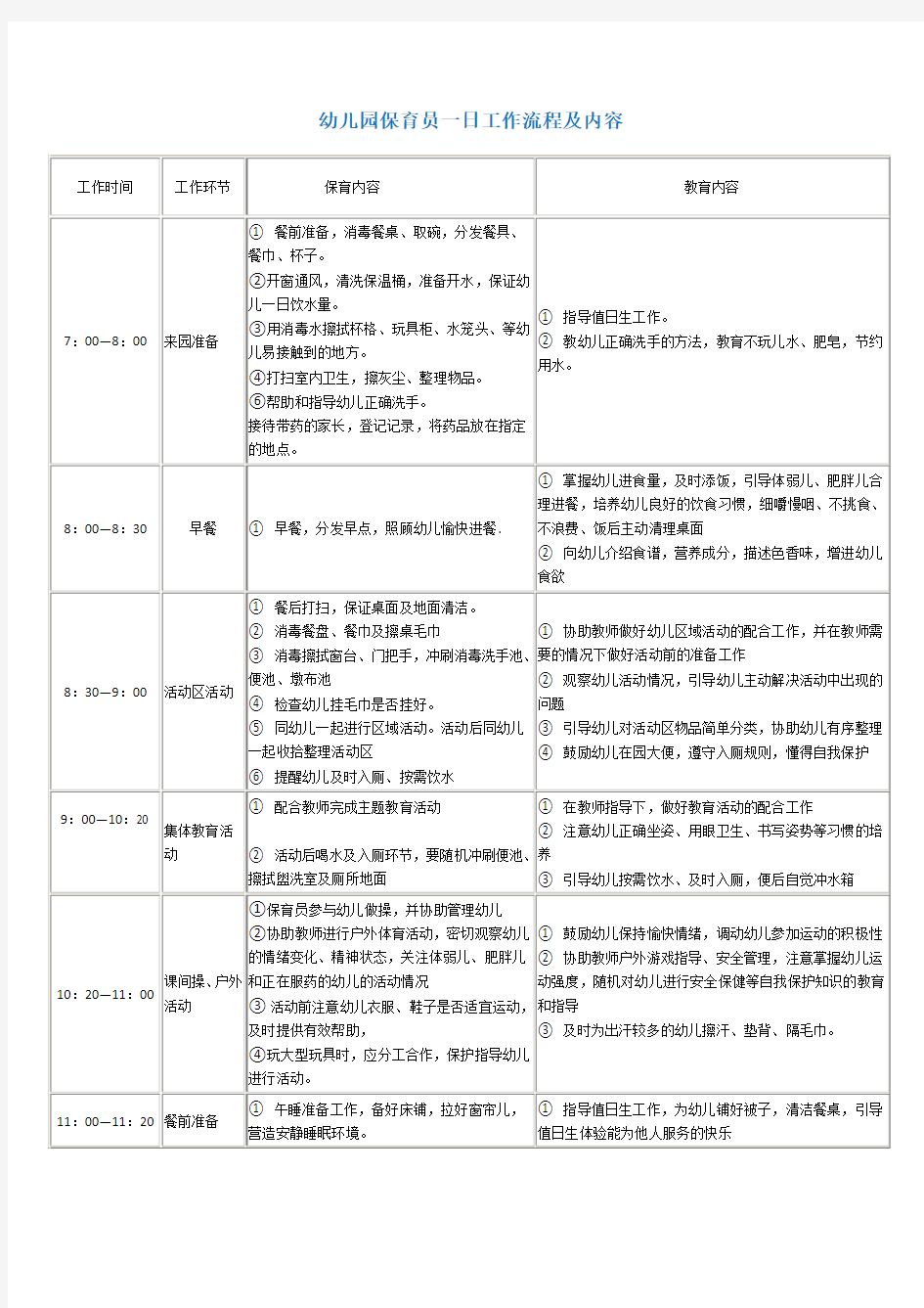 幼儿园保育员一日工作流程及内容