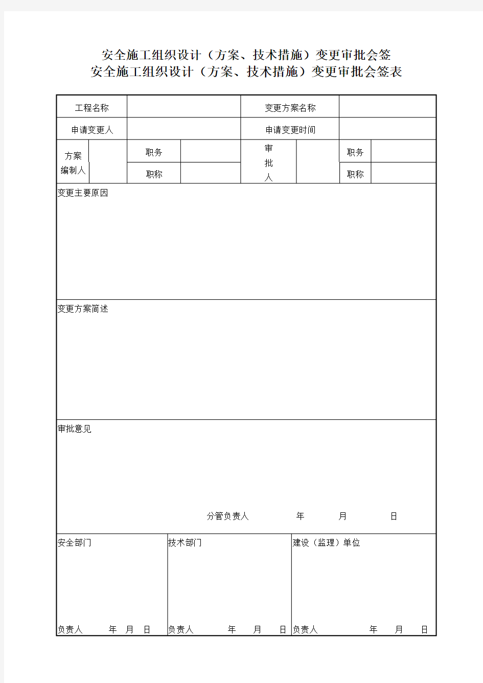 安全施工组织设计(方案技术措施)变更审批会签表